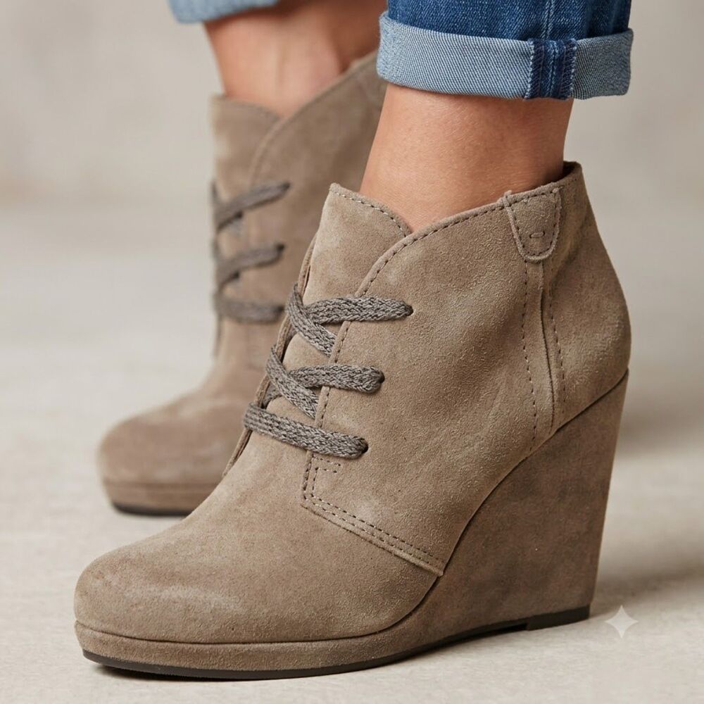 DV Dolce Vita Gael Tan Suede Lace Up Wedge Heel Ankle Boot Bootie